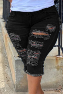 Black Casual Street Solid Ripped Make Old Patchwork Plus Size Jeans