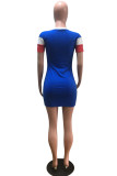Blue Casual Striped Patchwork Contrast O Neck Short Sleeve Dress