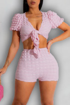 Pink Sexy Solid Bandage Patchwork V Neck Short Sleeve Two Pieces