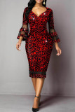 Red Elegant Print Patchwork V Neck One Step Skirt Dresses