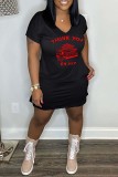 Pink Sexy Print Basic V Neck Short Sleeve Dress