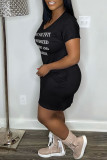 Pink Casual Letter Print Basic V Neck Short Sleeve Dress