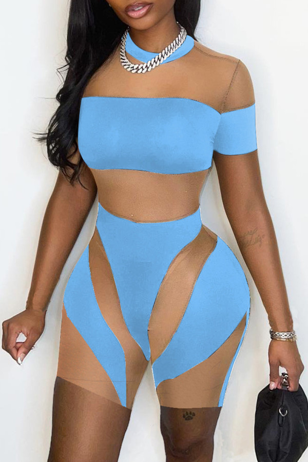 Sky Blue Sexy Patchwork See-through Contrast O Neck Skinny Romper