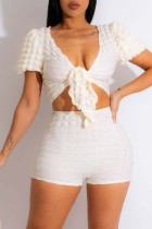 White Sexy Casual Solid Bandage V Neck Short Sleeve Two Pieces