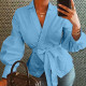 Blue Casual Solid Bandage Patchwork Asymmetrical V Neck Tops
