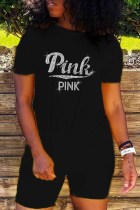 Black Casual Letter Hot Drill O Neck Short Sleeve Two Pieces