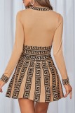 Khaki Casual Print Patchwork O Neck Long Sleeve Dresses
