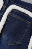 Light Blue Casual Solid Patchwork Mid Waist Regular Denim Jeans