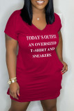 Pink Casual Letter Print Basic V Neck Short Sleeve Dress