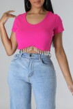 Rose Red Casual Solid Tassel Patchwork O Neck T-Shirts