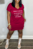 Pink Casual Letter Print Basic V Neck Short Sleeve Dress