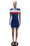 Blue Casual Striped Patchwork Contrast O Neck Short Sleeve Dress