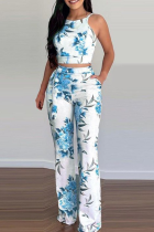 Baby Blue Street Print Bandage Halter Sleeveless Two Pieces