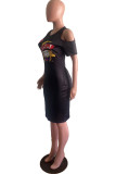 Black Casual Print Hollowed Out O Neck Short Sleeve Dress