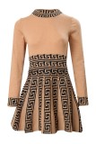 Khaki Casual Print Patchwork O Neck Long Sleeve Dresses