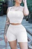 White Casual Solid Backless One Shoulder Sleeveless Two Pieces
