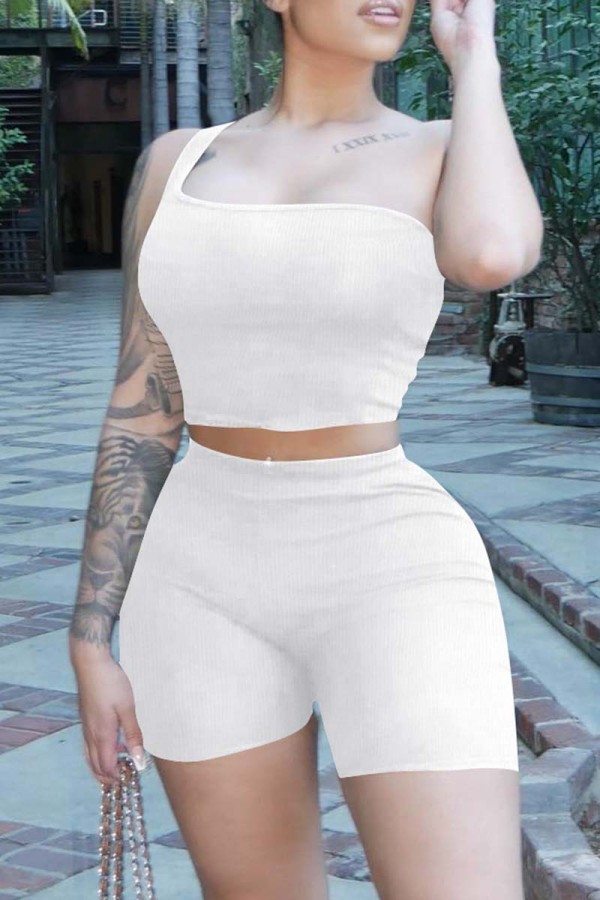 White Casual Solid Backless One Shoulder Sleeveless Two Pieces