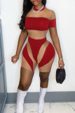 Red Sexy Patchwork See-through Contrast O Neck Skinny Romper