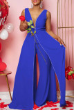 Blue Sexy Elegant Solid Patchwork Slit V Neck Straight Jumpsuits