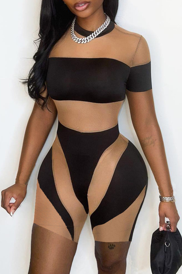 Black Sexy Patchwork See-through Contrast O Neck Skinny Romper