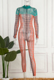 Orange Sexy Print Patchwork Half A Turtleneck Skinny Jumpsuits