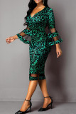 Red Elegant Print Patchwork V Neck One Step Skirt Dresses