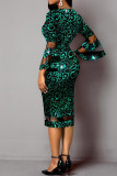 Red Elegant Print Patchwork V Neck One Step Skirt Dresses