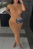 Khaki Sexy Solid Mesh O Neck Pencil Skirt Dresses