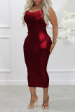 Rust Red Sexy Solid Patchwork U Neck One Step Skirt Dresses