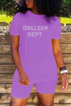 Purple Casual Letter Patchwork O Neck Short Sleeve Two Pieces