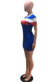 Blue Casual Striped Patchwork Contrast O Neck Short Sleeve Dress