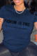 Navy Blue Street Vintage Print Patchwork Letter O Neck T-Shirts
