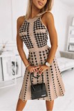 Khaki Casual Solid Patchwork O Neck Sleeveless Dress Dresses