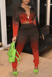 Red Casual Gradual Change Print Patchwork Buckle Turndown Collar Long Sleeve Two Pieces