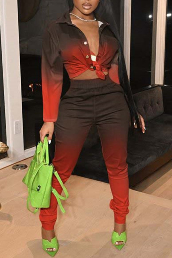 Red Casual Gradual Change Print Patchwork Buckle Turndown Collar Long Sleeve Two Pieces