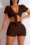 Dark Brown Sexy Casual Solid Bandage V Neck Short Sleeve Two Pieces