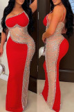 Red Sexy Patchwork Hot Drilling See-through Backless Spaghetti Strap Long Dress Dresses