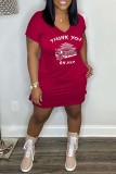 Pink Sexy Print Basic V Neck Short Sleeve Dress