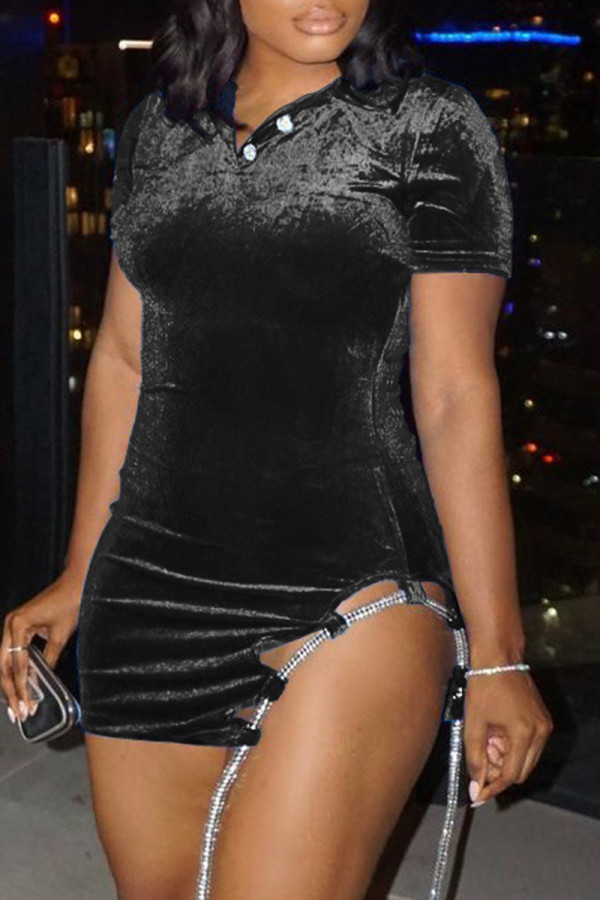 Black Sexy Casual Solid Asymmetrical V Neck Short Sleeve Dress