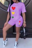 Purple Casual Print Patchwork O Neck Short Sleeve Two Pieces