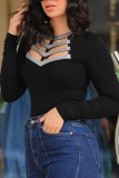 Black Casual Patchwork Hollowed Out O Neck Tops