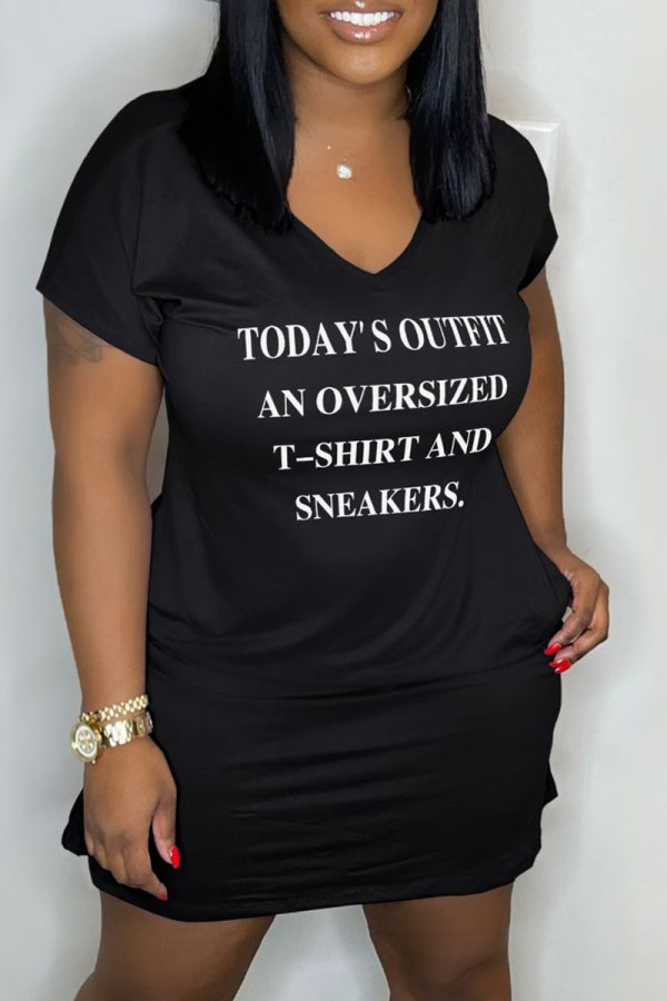 Black Casual Letter Print Basic V Neck Short Sleeve Dress