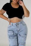 Rose Red Casual Solid Tassel Patchwork O Neck T-Shirts