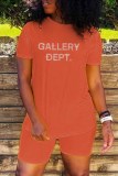 Orange Casual Letter Patchwork O Neck Short Sleeve Two Pieces