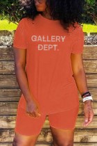 Orange Casual Letter Patchwork O Neck Short Sleeve Two Pieces