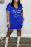 Pink Casual Letter Print Basic V Neck Short Sleeve Dress