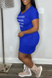 Pink Casual Letter Print Basic V Neck Short Sleeve Dress