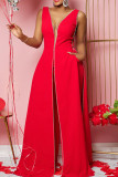 Blue Sexy Elegant Solid Patchwork Slit V Neck Straight Jumpsuits