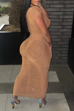 Khaki Sexy Solid Mesh O Neck Pencil Skirt Dresses