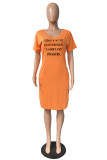 Pink Casual Letter Print Basic V Neck Short Sleeve Dress
